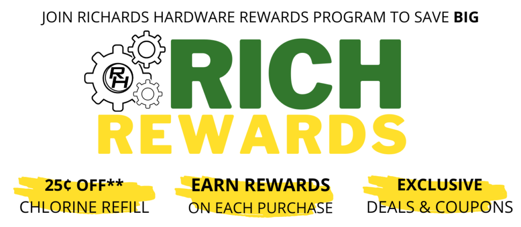 Richards Hardware offers the best price in chlorine refills in Hollywood, Florida. Our already low price is even lower when you become a Rich Rewards Member. Sign up in store with a Sales Associate.